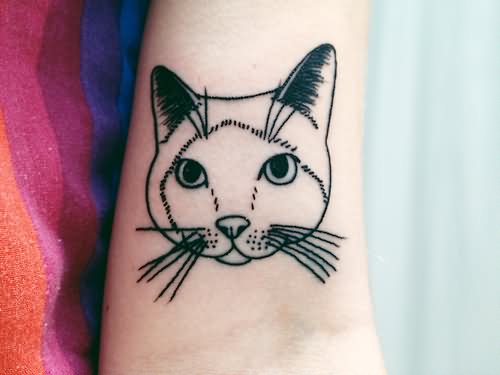 Outline Cat Head Tattoo On Arm