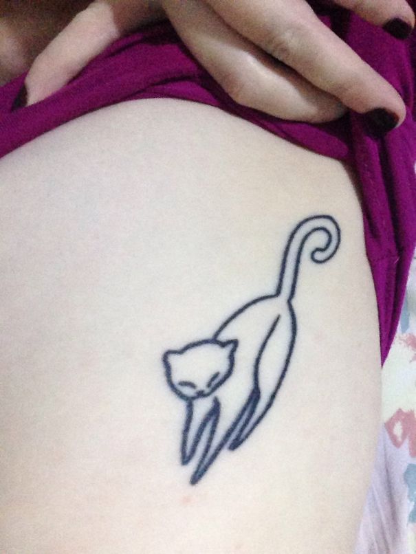 Outline Cat Tattoo On Girl Side Rib