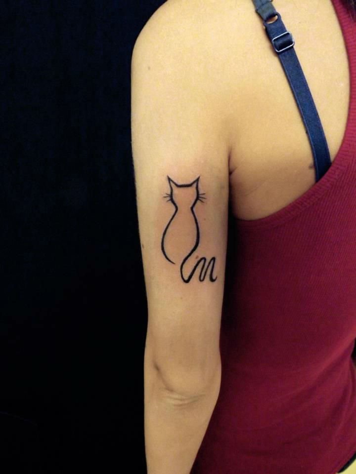 Outline Cat Tattoo on Left Bicep