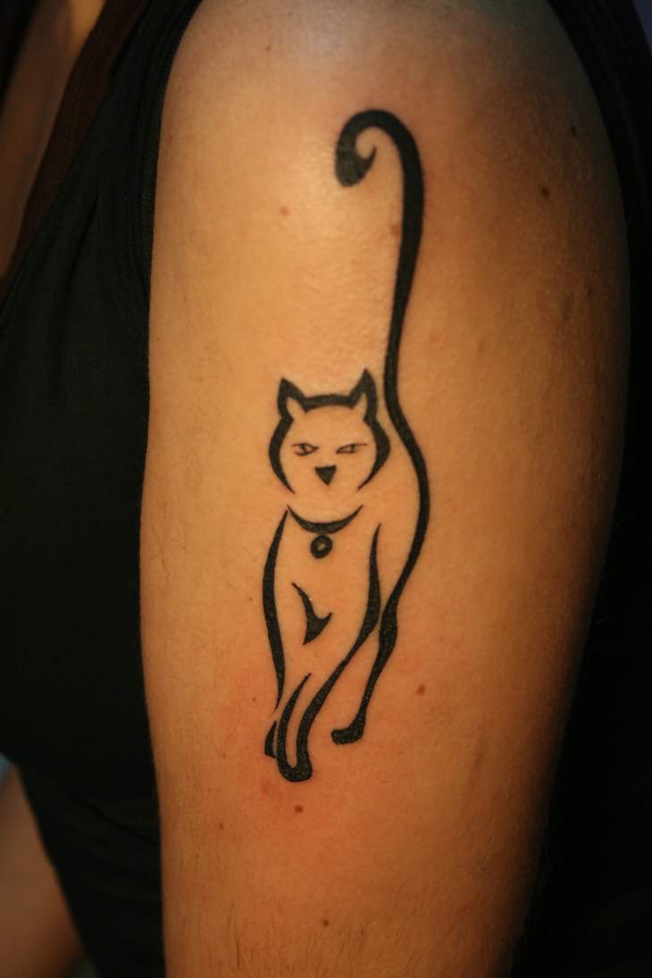 Outline Tribal Cat Tattoo On Half Sleeve