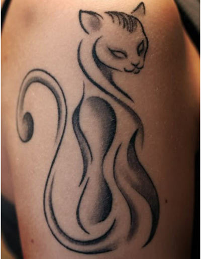 Paintbrush Grey Ink Cat Tattoo On Shoulder