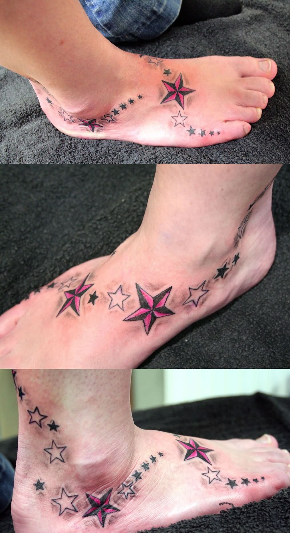 Pink And Black Nautical Star Tattoo On Foot By 2Face