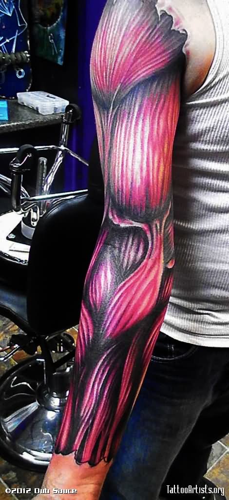 Pink Ink Muscle Tattoo On Left Full Sleeve