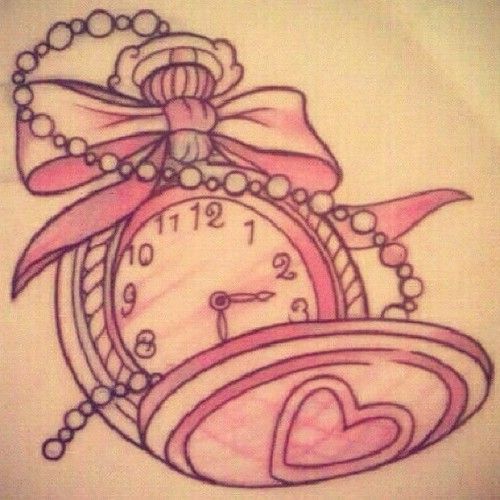 Pink Ink Pocket Watch With Bow Tattoo Design
