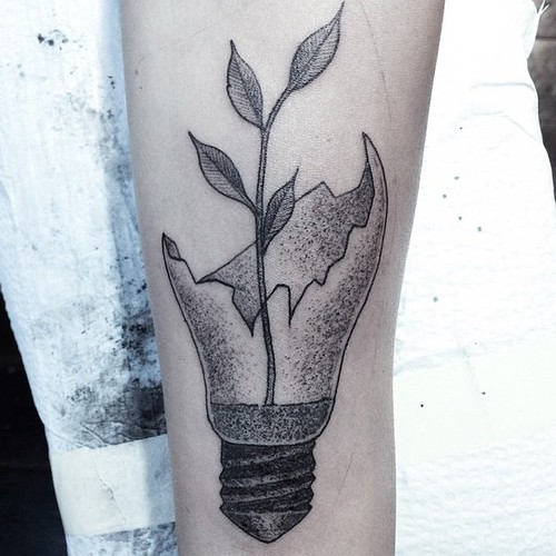 Plant In Broken Bulb Tattoo On Sleeve
