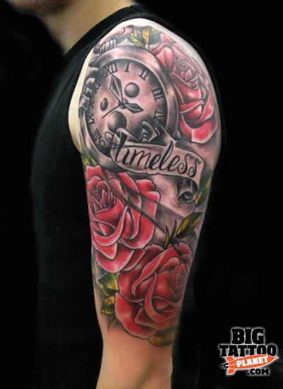 Pocket Watch With Banner And Roses Tattoo On Man Left Half Sleeve