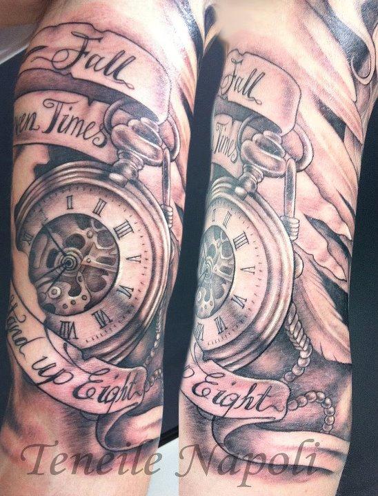 Pocket Watch With Banner Tattoo Design For Arm