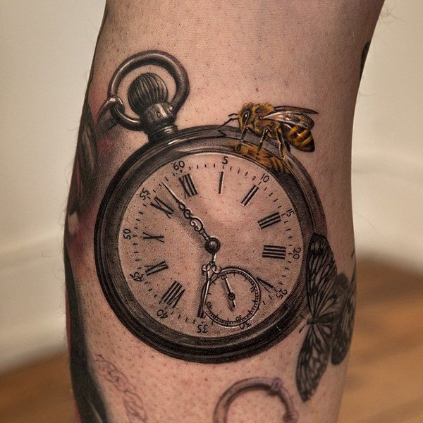 Pocket Watch With Bee Tattoo Design For Arm