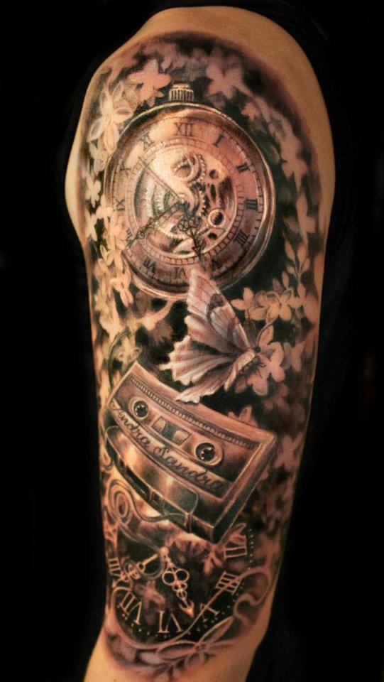 Pocket Watch With Cassette And Butterfly Tattoo Design For Half Sleeve