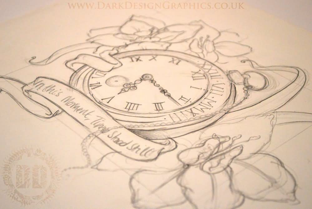 Pocket Watch With Flowers And Banner Tattoo Design