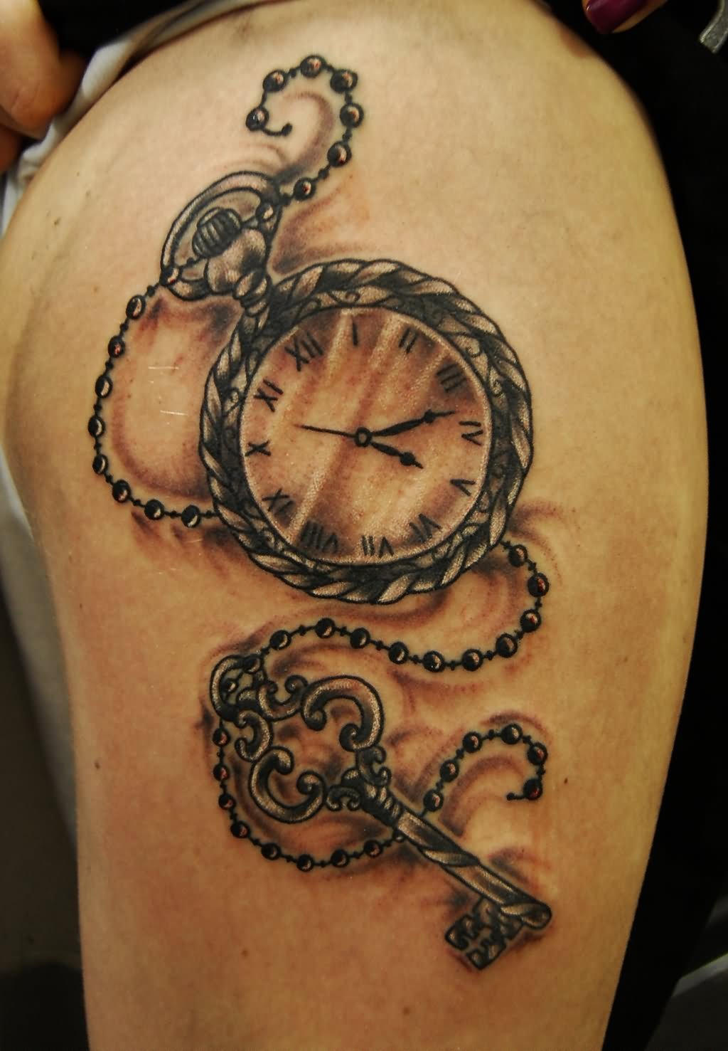 Pocket Watch With Key Tattoo On Side Thigh