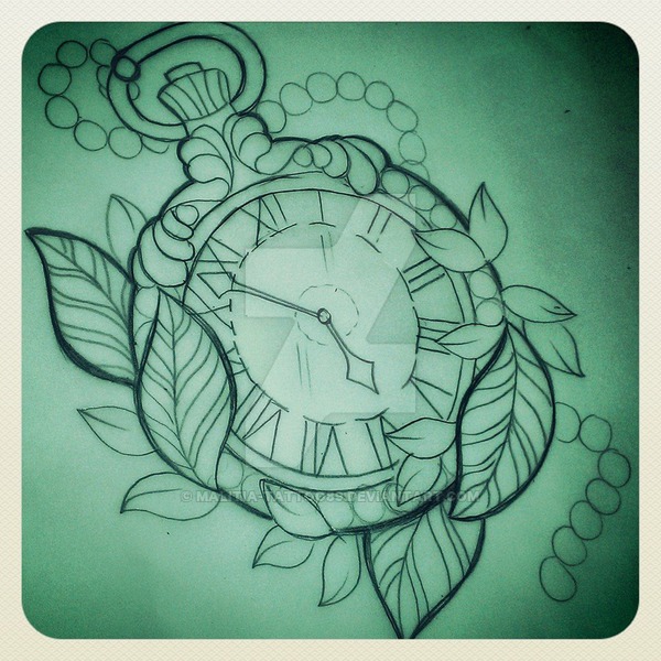 Pocket Watch With Leaves Tattoo Stencil By Francesca Allez