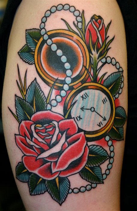 Pocket Watch With Rose Tattoo Design For Sleeve