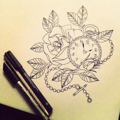 Pocket Watch With Rose Tattoo Design