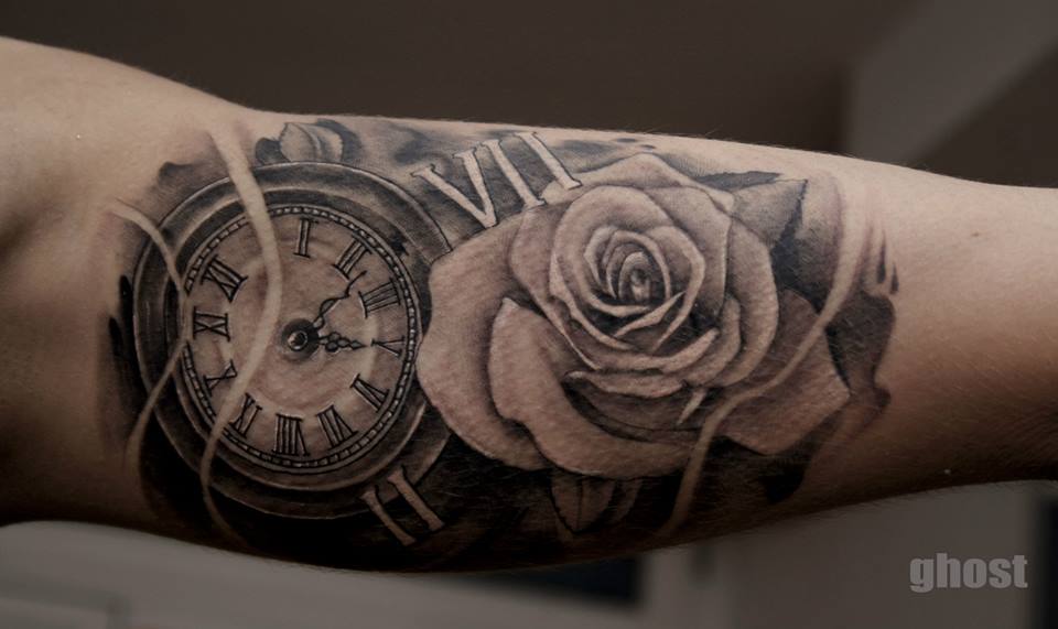 Pocket Watch With Rose Tattoo On Forearm By Ghost
