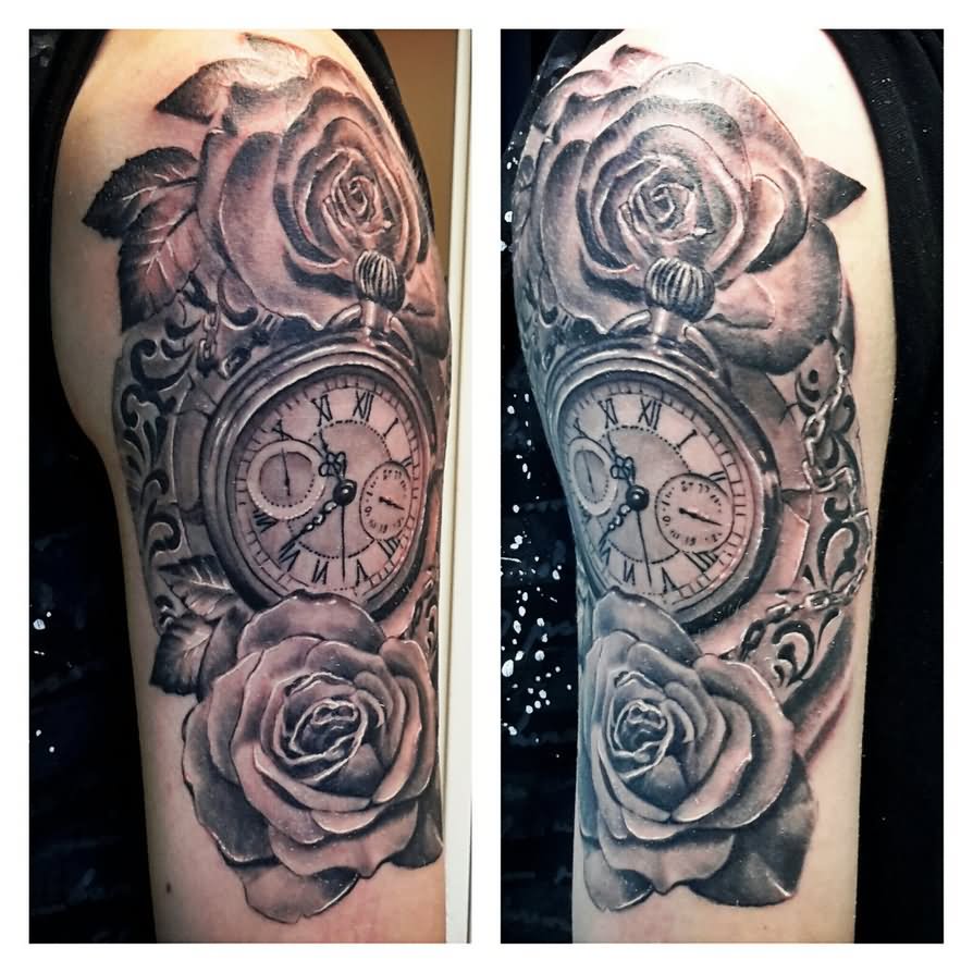 Pocket Watch With Roses Tattoo Design For Half Sleeve