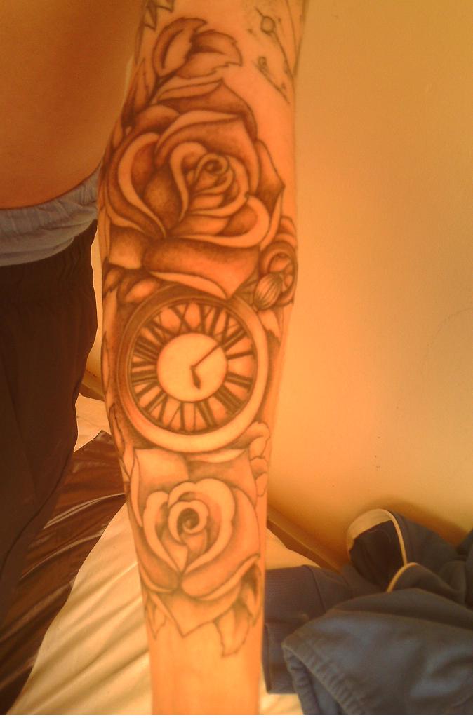 Pocket Watch With Roses Tattoo On Full Sleeve