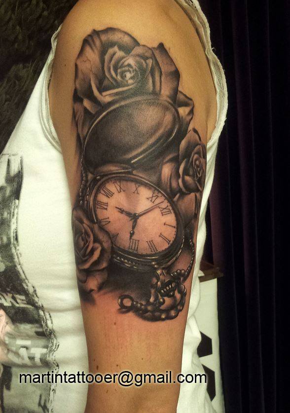 Pocket Watch With Roses Tattoo On Left Half Sleeve
