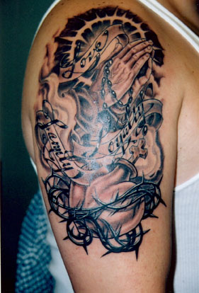 Praying Hands And Loyalty Banner Tattoo On Right Half Sleeve