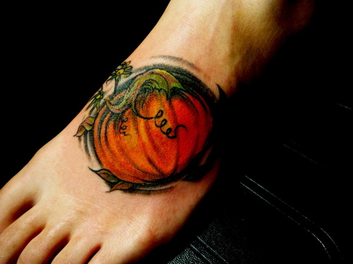 Pumpkin Tattoo On Left Foot by Boston