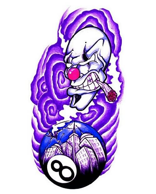 Purple And Black Clown Head With Eight Ball Tattoo Design