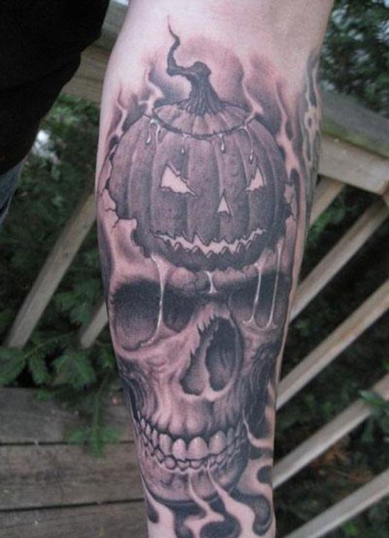 Realistic Grey Ink Skull And Pumpkin Tattoo On Leg Sleeve