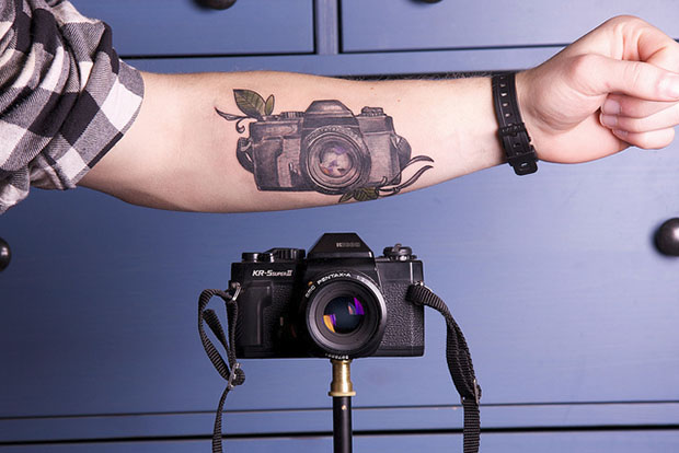 Realistic Movie Camera Tattoo On Forearm