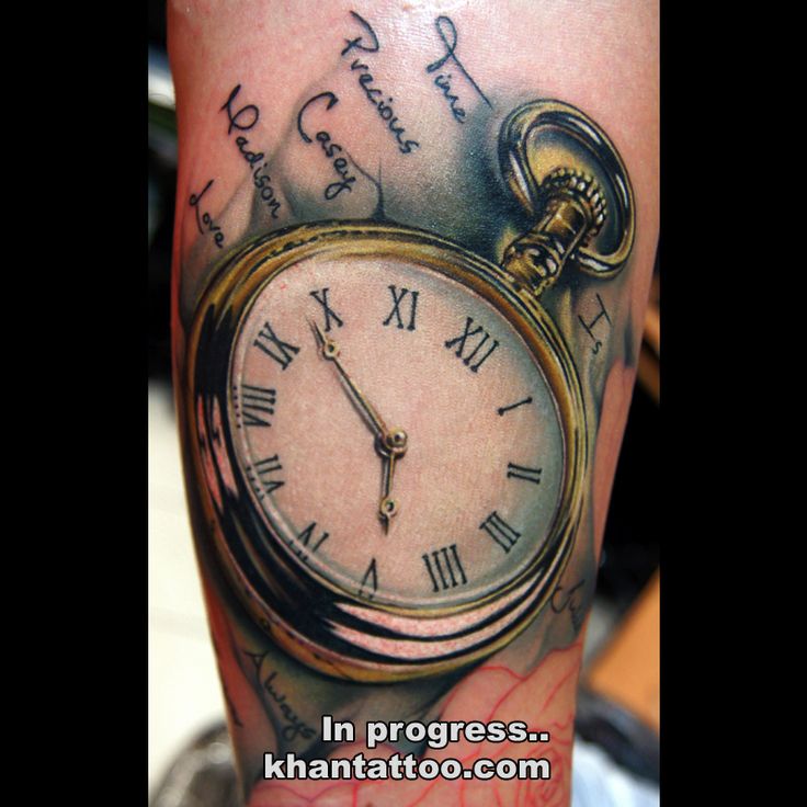 Realistic Pocket Watch Tattoo Design For Forearm