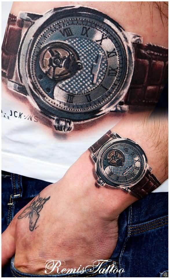 Realistic Wrist Watch Tattoo On Upper Wrist