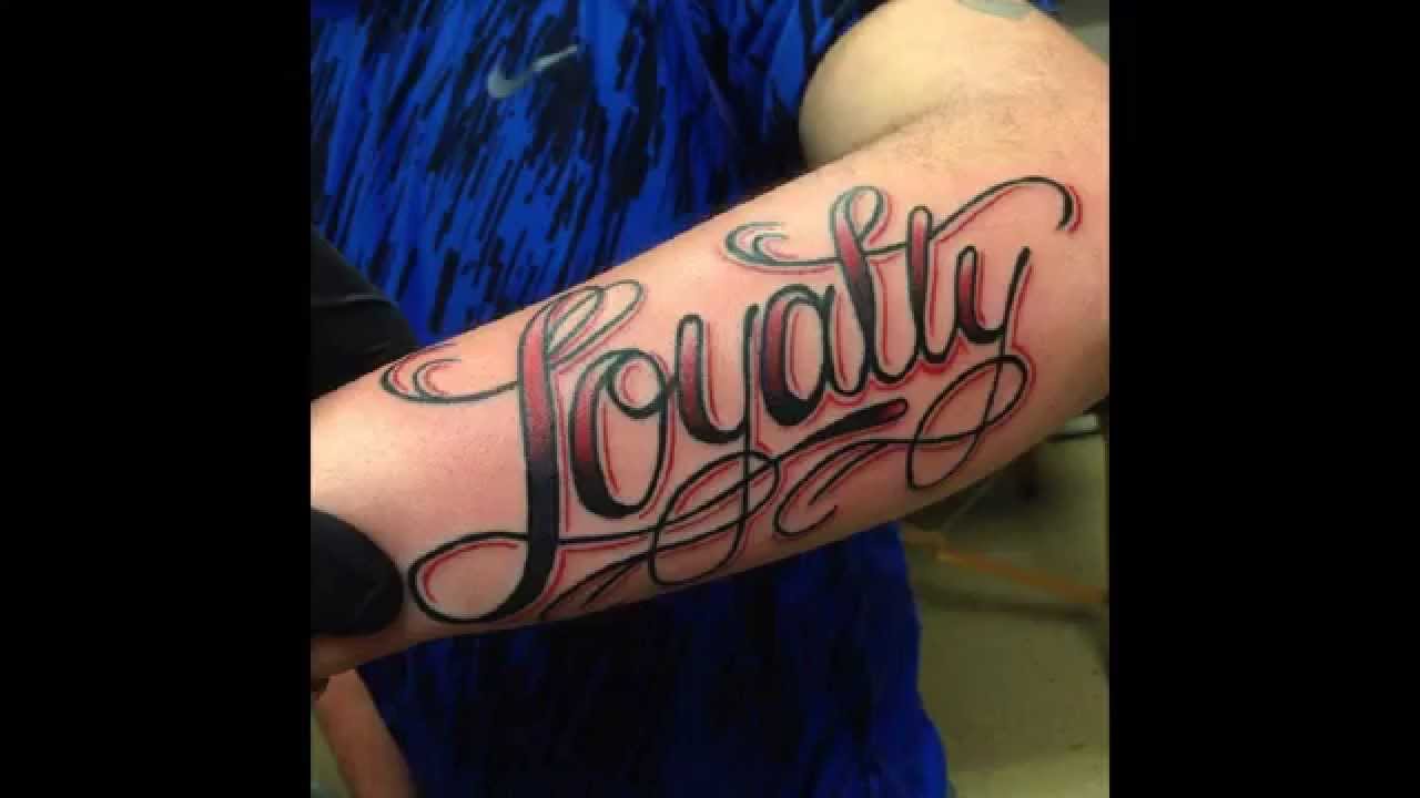 Red And Black Loyalty Tattoo On Left Arm Sleeve