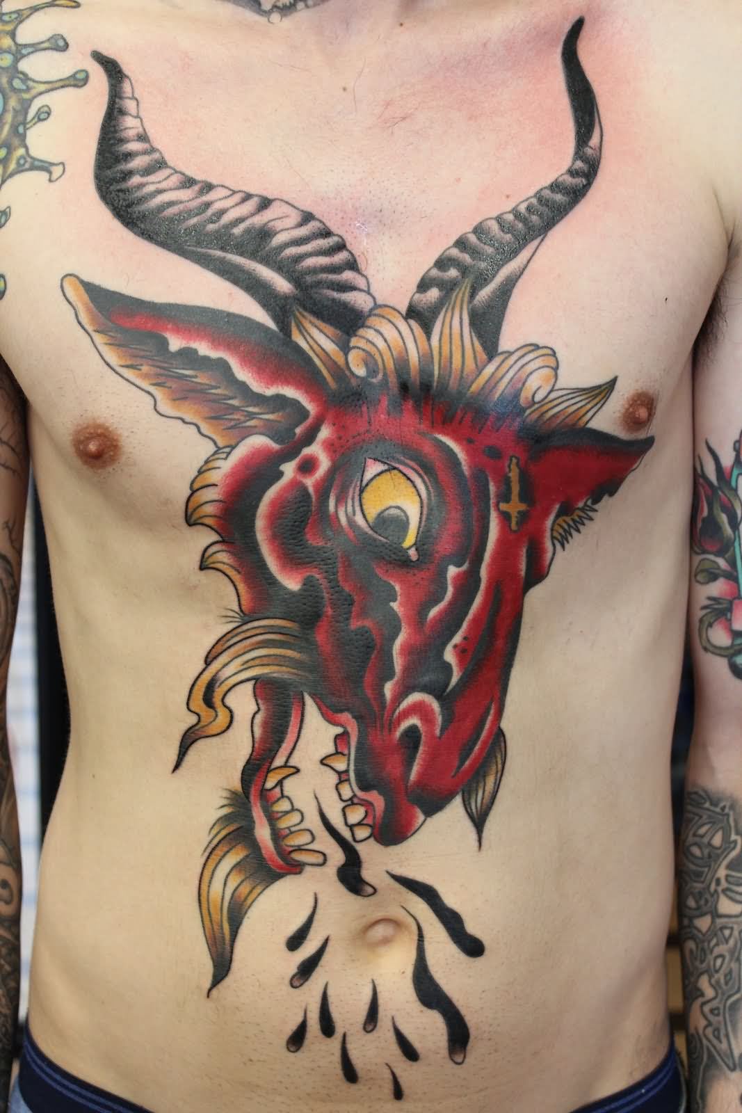 Red Goat Head Tattoo On Man Full Body