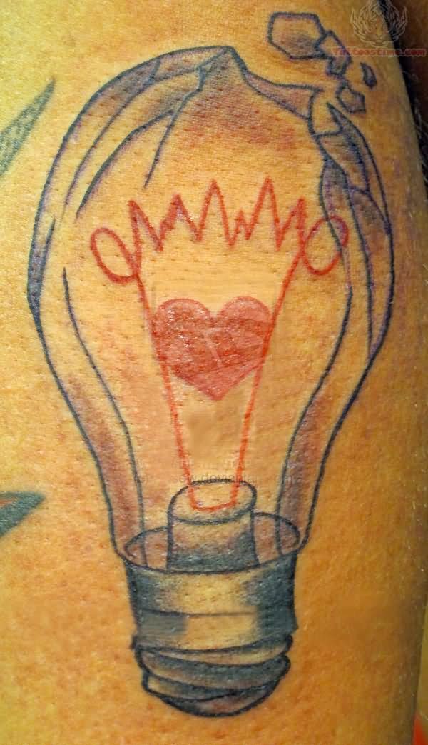 Red Heart In Broken Bulb Tattoo On Shoulder