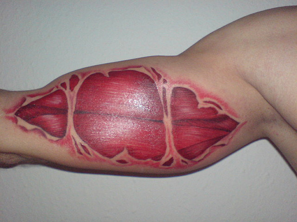 Red Ink Ripped Skin Muscle Tattoo Design For Bicep