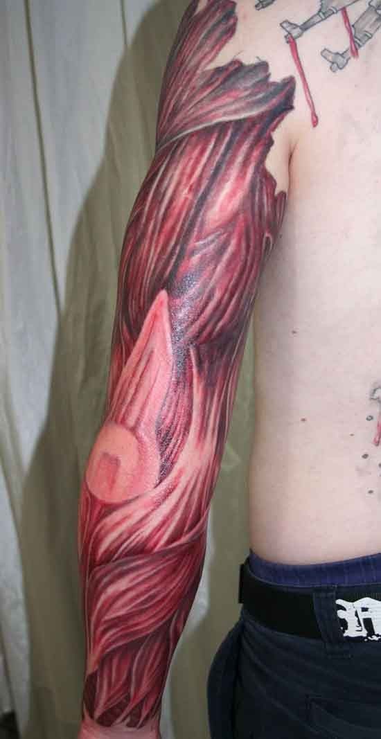 Red Ink Ripped Skin Muscle Tattoo On Full Sleeve