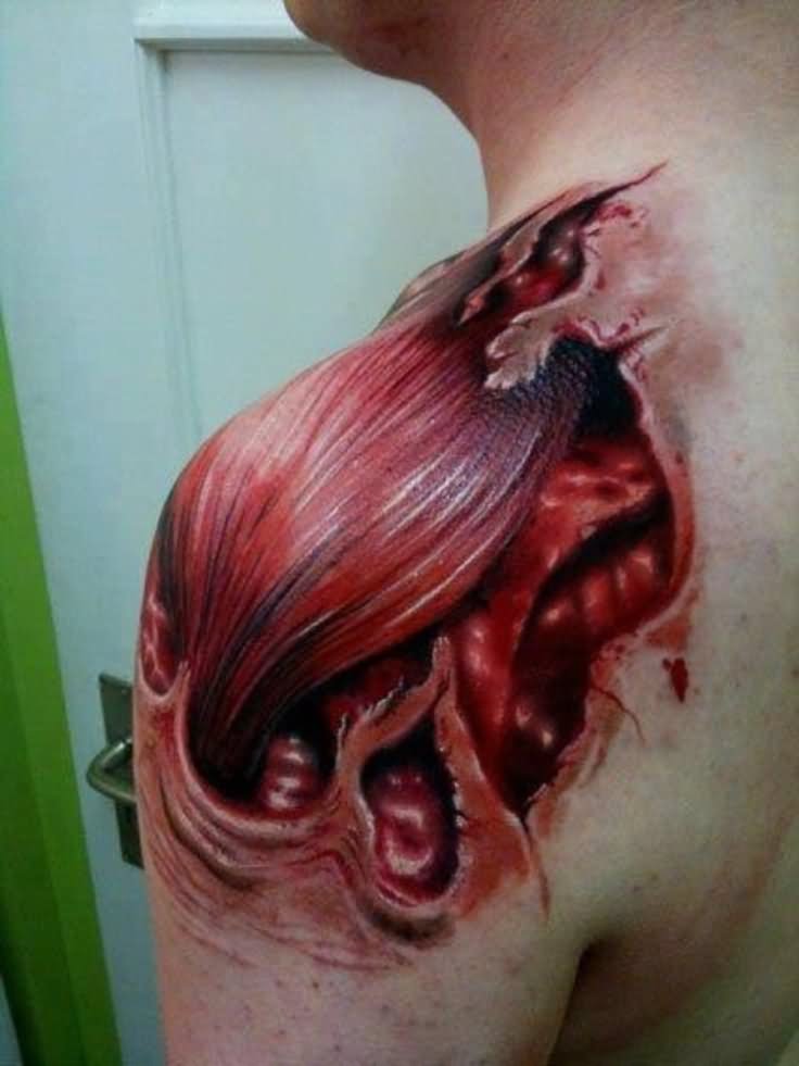 Red Ink Ripped Skin Muscle Tattoo On Man Left Shoulder