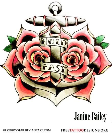 Red Rose Flowers And Anchor Tattoo Design