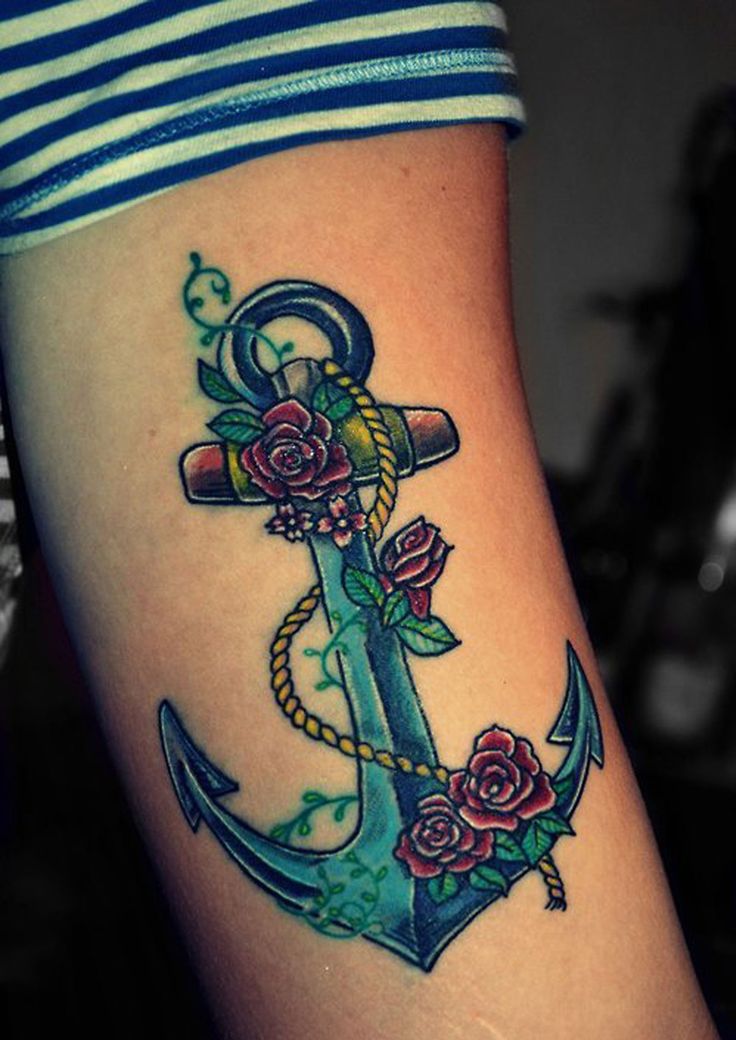 Red Rose Flowers And Anchor Tattoo On Bicep