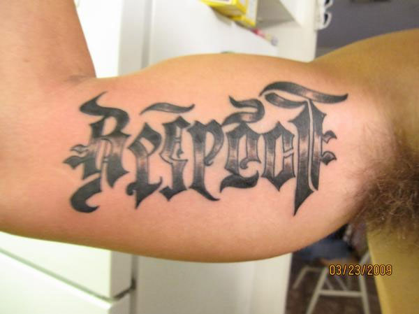 Respect Ambigram Tattoo On Muscles For Men