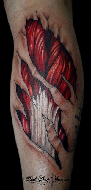 Ripped Skin Muscle Tattoo Design For Forearm