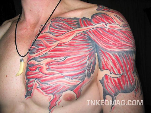 Ripped Skin Muscle Tattoo On Man Chest And Shoulder