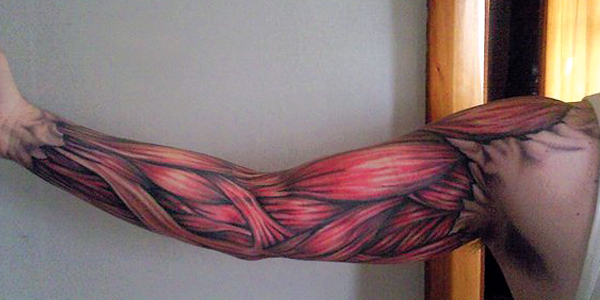 Ripped Skin Muscle Tattoo On Right Full Sleeve