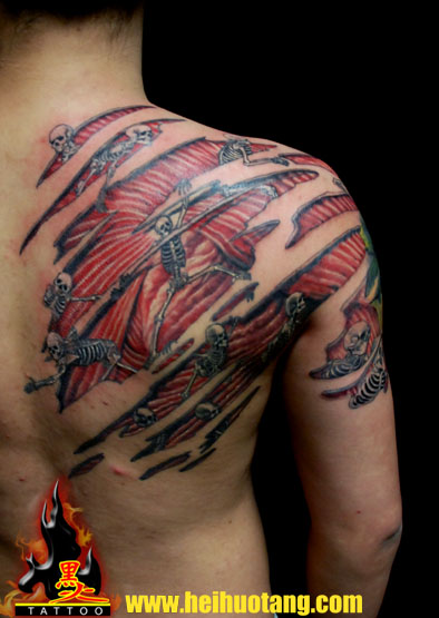 Ripped Skin Muscle With Skeletons Tattoo On Man Right Back Shoulder