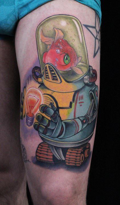 Robot With Bulb In Hands Tattoo On Left Thigh