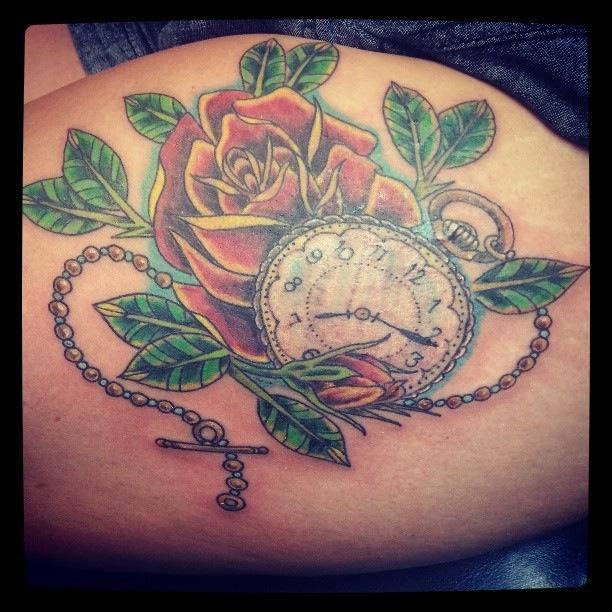 Rose With Pocket Watch Tattoo Design For Thigh