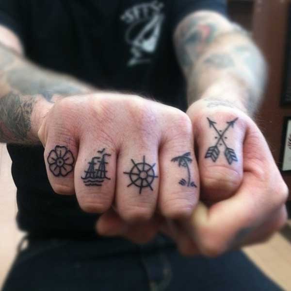 Sailor Ship And Arrow Tattoos On Fingers