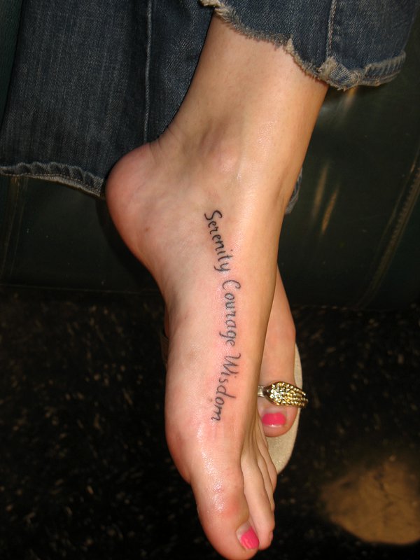 Serenity Courage Wisdom Lettering Tattoo On Girl Foot