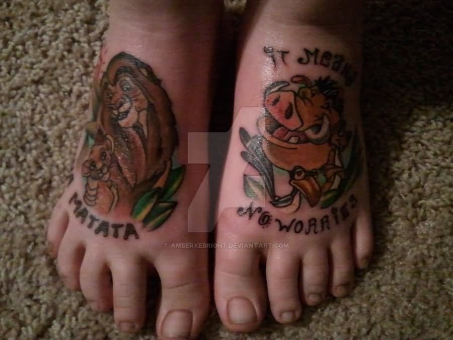 Simba And Pumbaa Tattoo On Feet