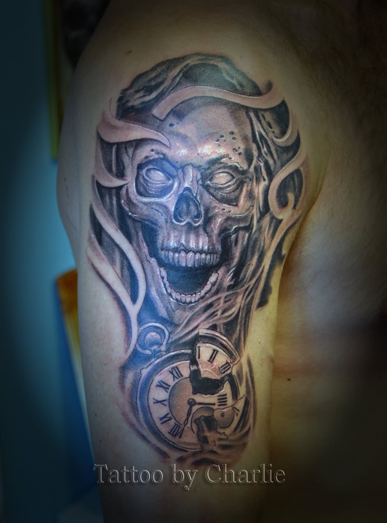 Skull With Broken Pocket Watch Tattoo On Man Right Half Sleeve