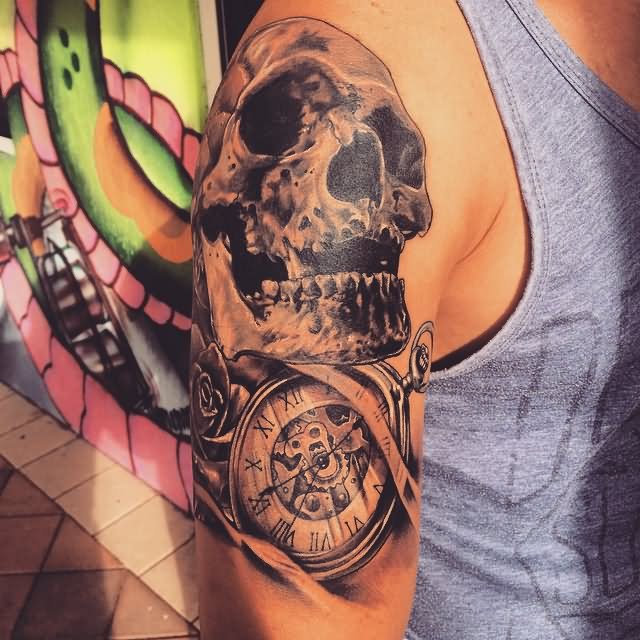 Skull With Pocket Watch Tattoo On Right Half Sleeve