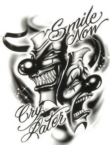 Smile Non Cry Later - Black Ink Two Clown Mask Tattoo Design